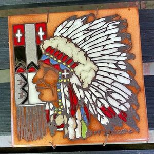 Cleo Teissedre Ceramic Tile Art Signed Native Chief Southwest Wall DecorTrivet.